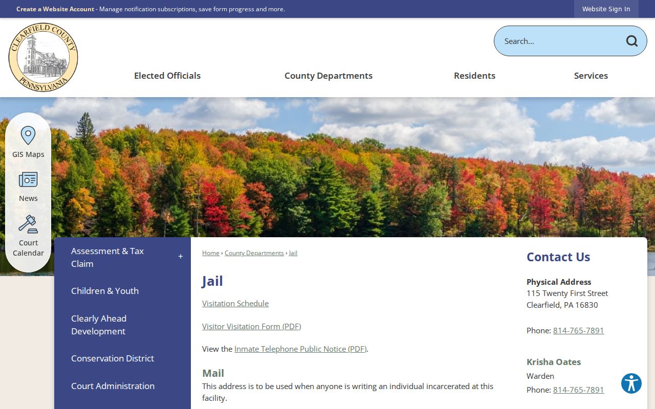 Clearfield County arrest lookup jail contact page