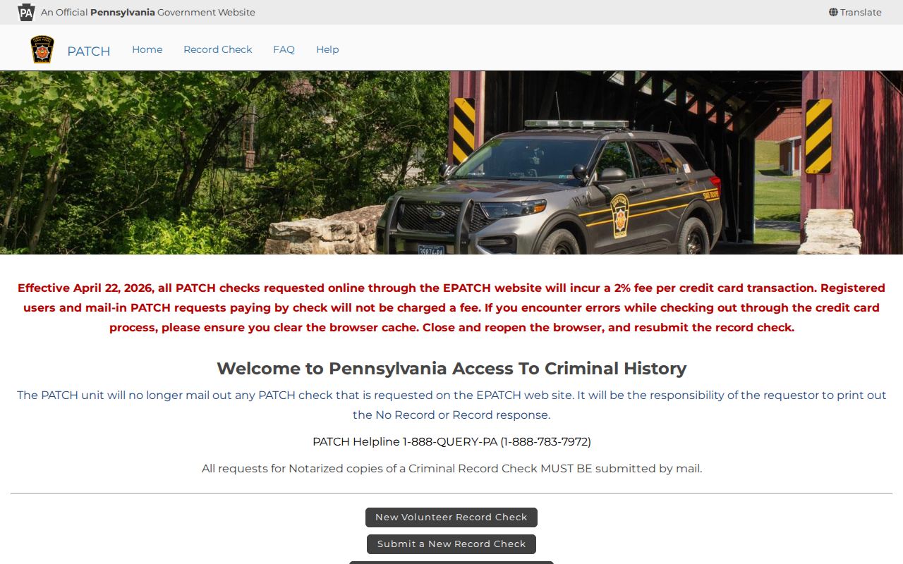Clearfield County criminal record check entry through PATCH