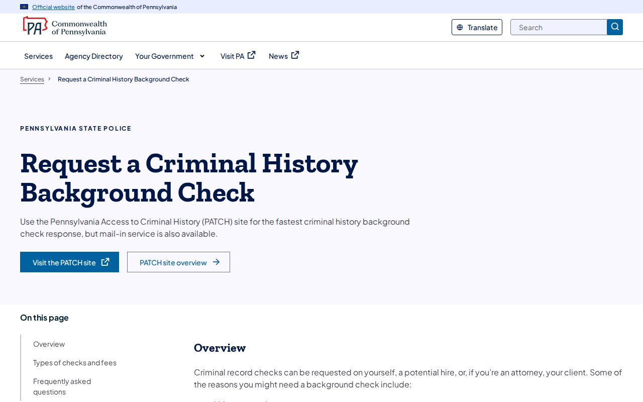 Clearfield County criminal history options on the Pennsylvania State Police page